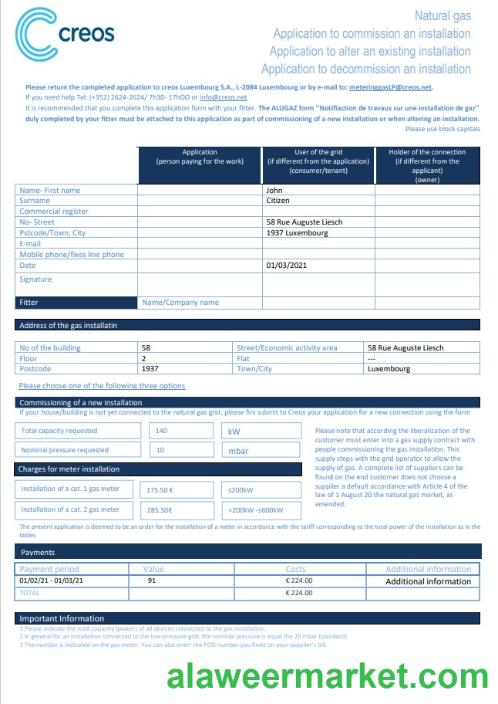 Luxembourg Creos gas utility bill template in Word and PDF format